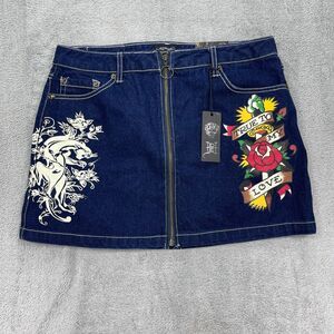 Ed Hardy Denim Mini Skirt Womens Large Blue Jean Cotton Panther Zipper Front